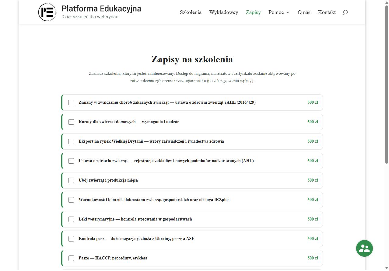 Strona Zapisy — lista szkoleń z cenami i polami wyboru